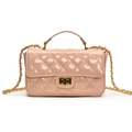 Chic pink patent leather handbag with diamond quilting and gold chain strap - Pink