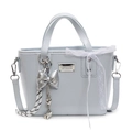 Minimalist light blue oil wax leather bucket bag with silver bow pendant for women - Blue With Bow Heart Knot
