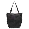 Black denim tote bag with contrast stitching and fashion woven label on the side - Dark Brown