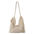 Borsa hobo beige all'uncinetto con trama a maglia traforata e nappa per la spiaggia estiva - Bianco Sporco