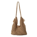 Borsa hobo a spalla all'uncinetto marrone chiaro con nappe in stile bohémien - Cachi