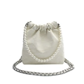 Elegante borsa bianca a pieghe con manico di perle e tracolla a catena - Bianco Sporco