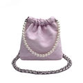 Rosa plissierte Beuteltasche mit Perlengriff und Metallkettenriemen für Damen - Rosa