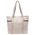 Bolso tote minimalista de lona crema con correas negras en contraste y bolsillo - Blanco Roto
