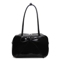 Glossy black ballet style Boston bag for women with delicate bow detail and dual zippers - Black