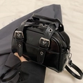Black glossy patent leather Boston bag with decorative straps and silver hardware - No Pendant / Black