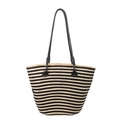 Borsa tote in tessuto a righe nere e beige con frange e sottili spalline nere - Nero