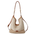 Handmade woven hollow shoulder bag in beige and brown contrast with wooden bead details - Khaki
