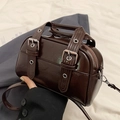 Dark brown patent leather Boston bag with belt buckle details and top handles - No Pendant / Brown