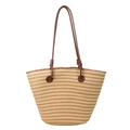 Borsa tote intrecciata casual a righe beige e marroni con manici in pelle - Marrone