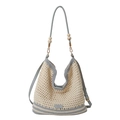 Hollow knit tote bag in cream and gray with wooden beads on a long leather shoulder strap - Gray