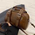 Dark brown shiny leather Boston bag with vintage buckle straps and shoulder strap - No Pendant / Brown