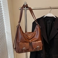 Brown vintage faux leather tote bag with dual front flap pockets and silver buckles - No Pendant / Brown