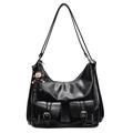 Retro black faux leather hobo bag with double front pockets and small doll charm - With Doll Pendant / Black
