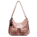 Versatile pink oil-wax leather tote and backpack with multi-pocket design for commuting - With Doll Pendant / Pink