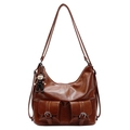 Brown vintage faux leather tote bag with double front pockets and adjustable strap - With Doll Pendant / Brown