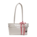 Bolso de hombro minimalista crema en cuero encerado con lazo de cuadros y colgante de corazón - Blanco Roto
