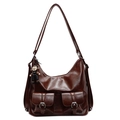 Dark brown oil wax leather tote bag with functional pockets and a stylish keychain - With Doll Pendant / Brown