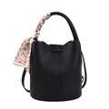 Chic black lychee leather bucket bag featuring elegant printed silk scarf handle - Black