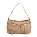 Retro beige underarm bag in glossy leather with silver studs and pocket detail - Khaki