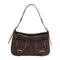 Dark brown patent leather shoulder bag with punk rivets and twin front pockets - Brown