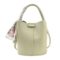 Elegant avocado green bucket bag with lychee texture leather and decorative silk scarf - Green