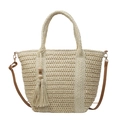 Borsa tote intrecciata beige minimalista con tracolla in pelle marrone e nappa di legno - Bianco Sporco