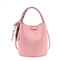 Chic pink bucket bag in lychee pattern leather with stylish silk scarf handle detail - Pink