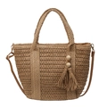 Borsa tote in paglia intrecciata naturale con tracolla marrone e nappa in perle di legno - Marrone