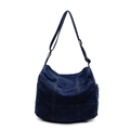 Minimalist navy denim crossbody bag with contrast stitching and adjustable black strap - Dark Blue