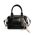 Black glossy leather pillow bag with ENJOY CIHO embossing and tennis pendant - Black (With Charm)