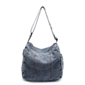 Minimalist patchwork denim hobo shoulder bag in washed blue with adjustable strap - Denim Blue