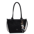 Elegante borsa a secchiello nera goffrata con ciondolo bichon bianco e logo in metallo - Nero (Con Ciondolo Cane in Acrilico)