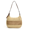 Beigefarbene Stroh-Hobo-Tasche mit braunem Lochmuster und Leder-Schultergurt - Beige