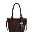 Brown bucket bag with cute cartoon embossing, adjustable strap, and dog charm - Coffee (With Acrylic Dog Pendant)
