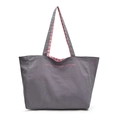 Grand sac cabas en toile grise avec doublure à carreaux rouges et broderie rose - Gris