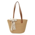 Borsa tote in paglia intrecciata naturale con manici marroni e fiocco in pizzo bianco - Cachi