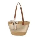 Borsa a spalla in paglia a righe cachi e bianche con fiocco in pizzo e manici in cuoio - Cachi con strisce bianche