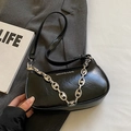 Fashionable black faux leather underarm bag with thick silver chain and shoulder strap - Black - Without Pendant