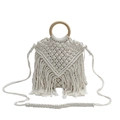 Bolso bohemio en color crema con asas de madera redondas y flecos largos de borla - Blanco Roto