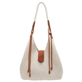 Sac fourre-tout tissé beige minimaliste avec sangles brunes et motif à chevrons - Blanc Cassé