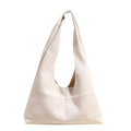 Minimalist beige pebble leather tote bag with large capacity and hobo style shoulder strap - White