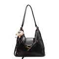 Minimalist black faux leather tote bag with gold hardware and sheep plush keychain - Black (With Tearful Fur Ball Charm)