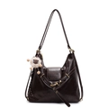 Dark brown leather tote bag with embossed fashion text and white plush charm - Coffee (With Tearful Fur Ball Charm)