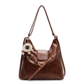 Retro dark brown PU leather tote bag with a white plush sheep charm and wide strap - Brown (With Tearful Fur Ball Charm)