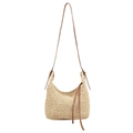 Beige Strohtasche mit braunem Lederriemen und Schleife, gewebte Sommertasche zum Umhängen - Beige