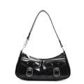 Glossy black patent leather underarm bag with double pockets and silver chain strap - Black