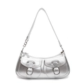 Y2K style silver metallic underarm bag with double buckle front pockets and chain strap - Silver