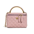 Pink quilted leather vanity box bag with gold metal handle and chain shoulder strap - Pink