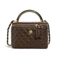 Brown quilted box crossbody bag with gold handle and flower ornament decoration - Coffee